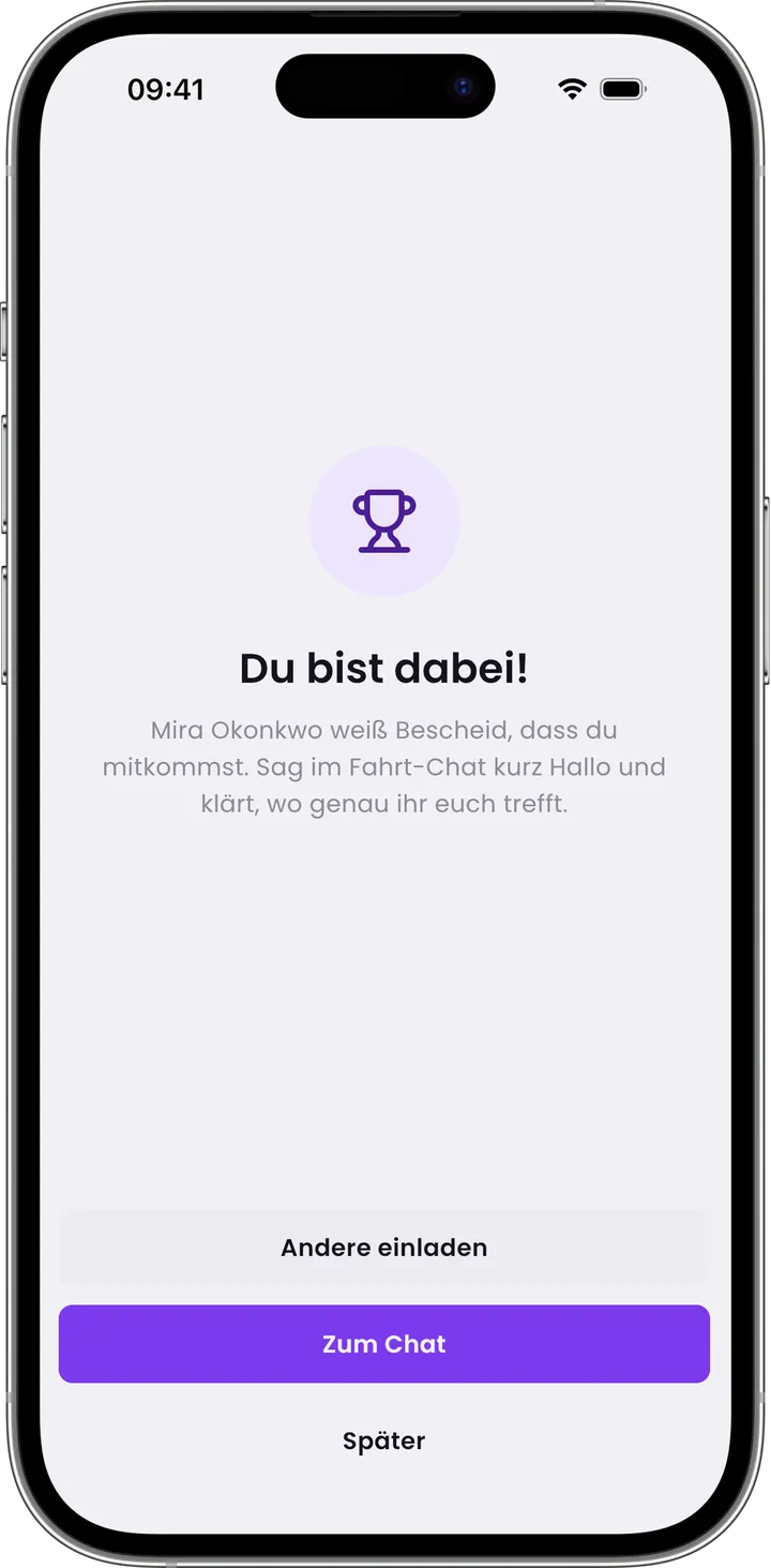 Die Bestätigung „Du bist dabei!“ mit den Knöpfen Andere einladen und Zum Chat