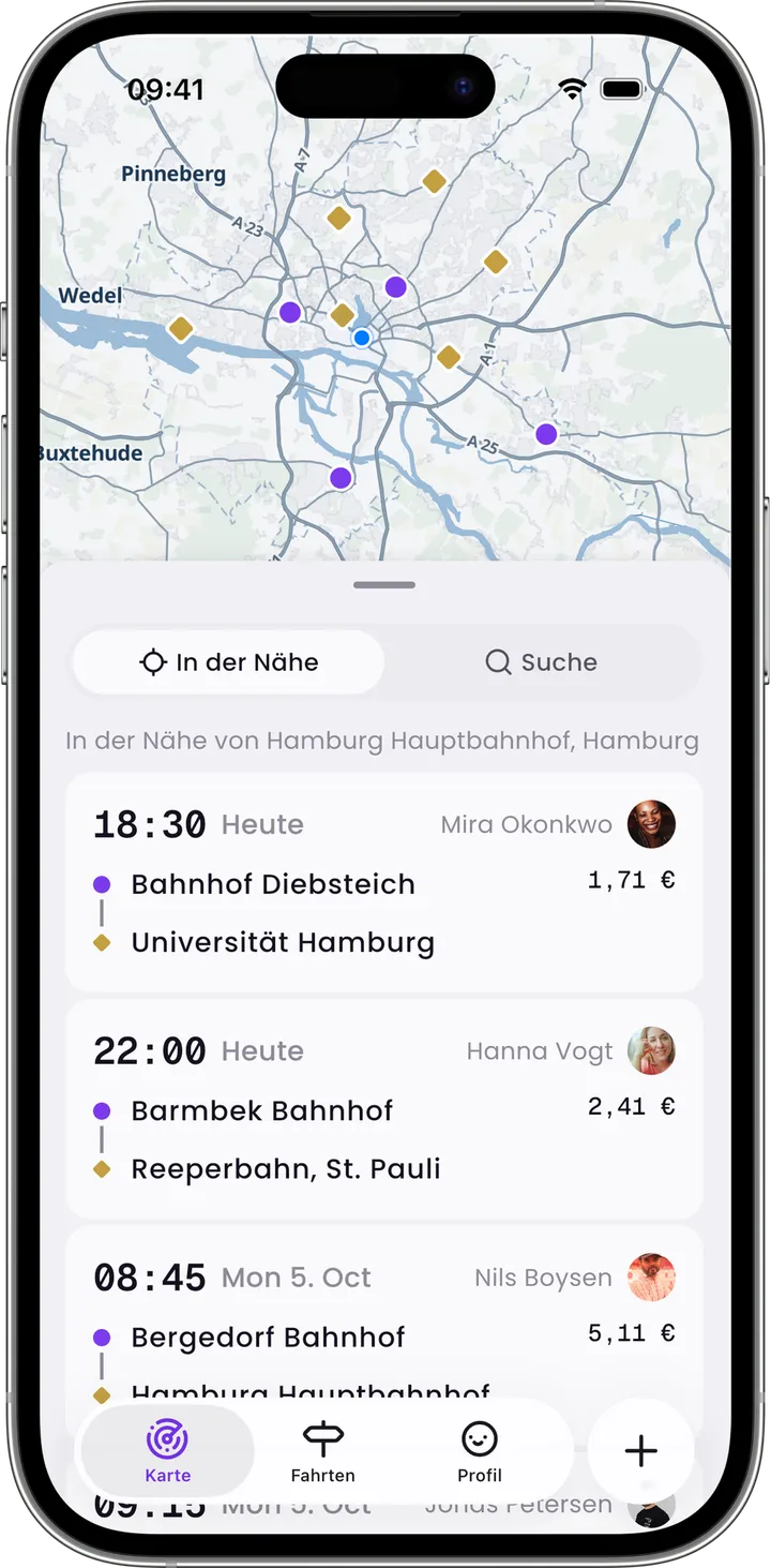 Die Karte mit Fahrten rund um Hamburg und der Liste der Fahrten in der Nähe