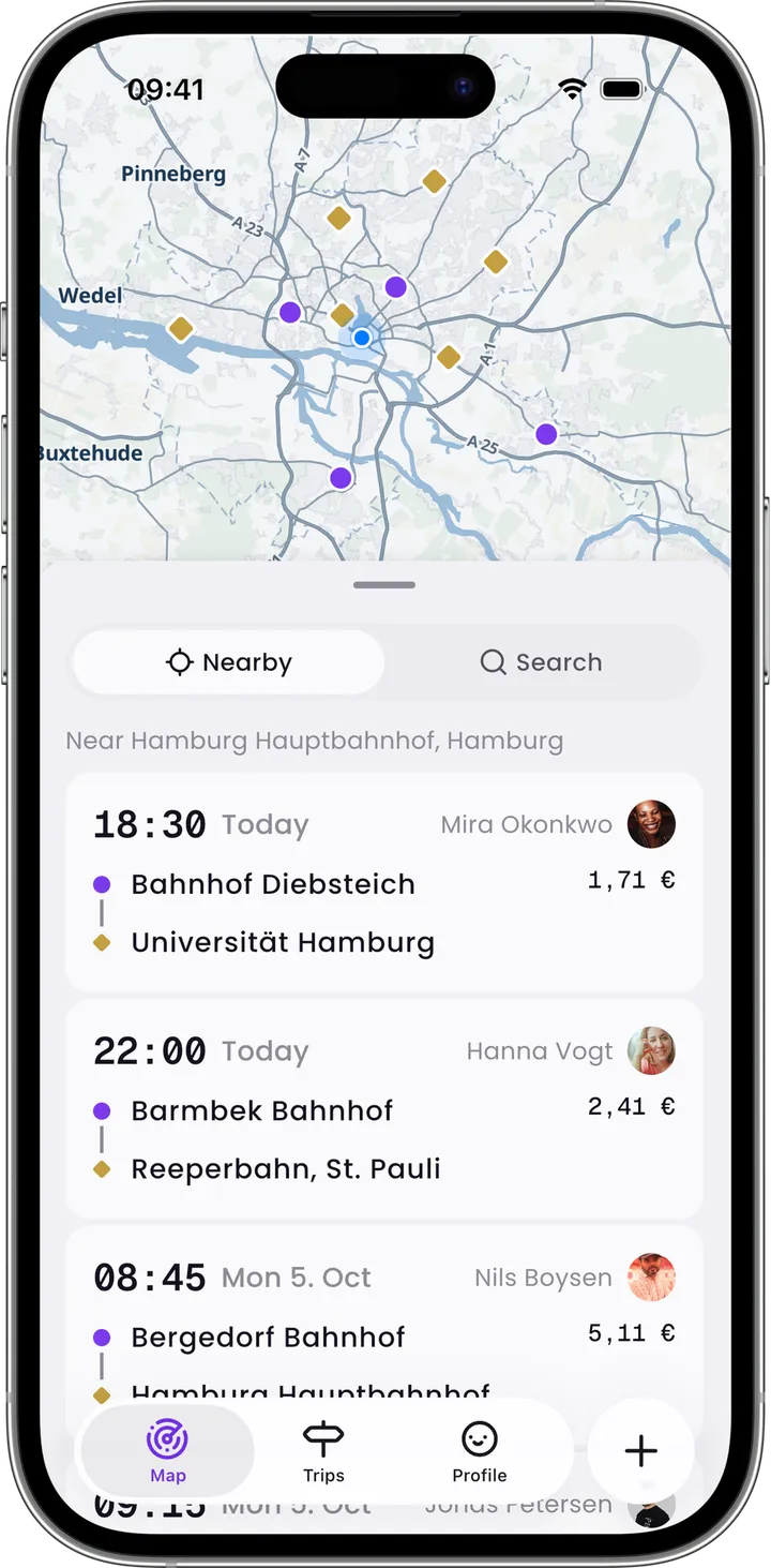 The map with rides around Hamburg and the list of rides nearby