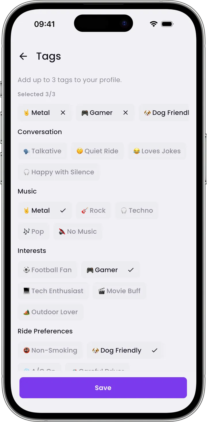 The tag picker with categories like conversation, music and interests