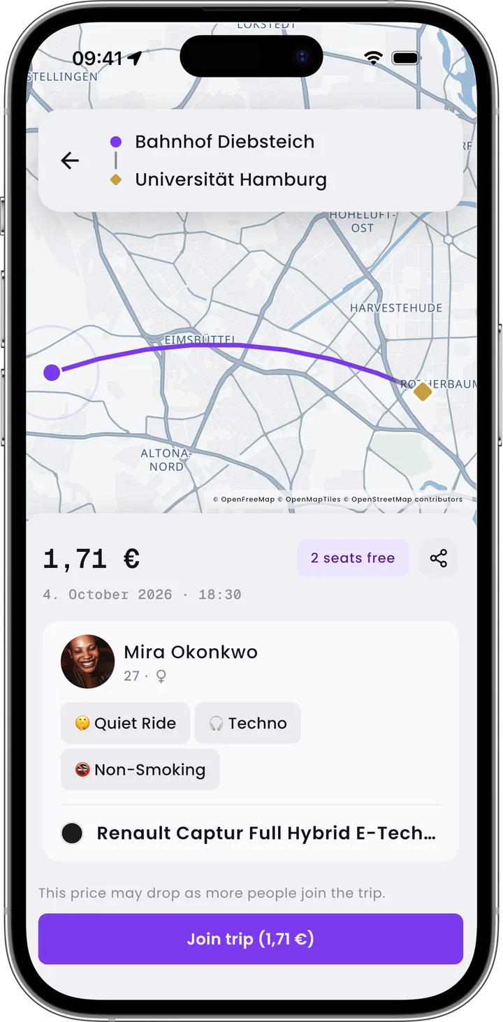 A ride with its route on the map, price, free seats, driver and join button